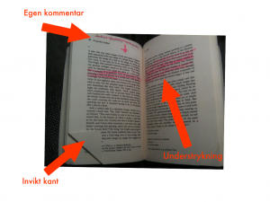 1. En invikt sida markerar att markerar att det finns en understrykning eller kommentar någonstans på uppslaget. 2. Understrykningar markerar något viktigt eller intressant. 3. En egen kommentar förklarar något jag tänkt på när jag lästa på denna sida.